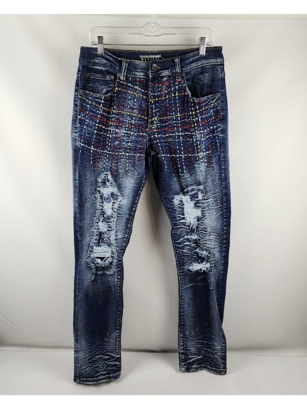 Decibel Jeans Mens 34x33 Blue Distressed Embroidered Grunge Vintage Denim